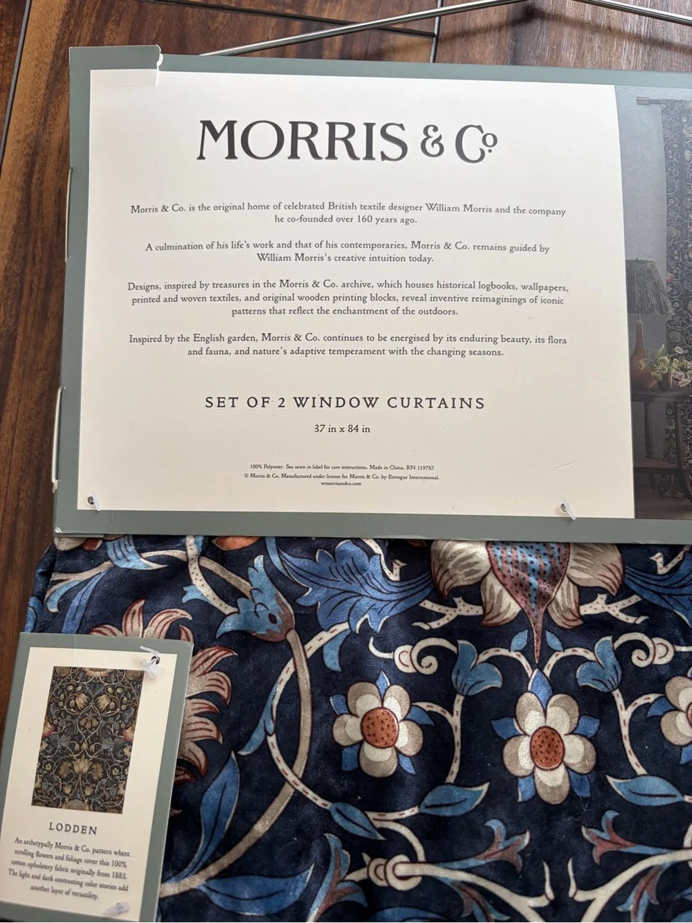 William Morris & Co. Lodden 37”X 84” Window Curtains Blue Velvet Panels Set